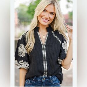 THML Black and Cream Embroidered Women's Top